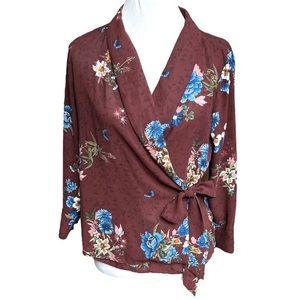 Zara Floral Wrap Long Sleeve Blouse Maroon Size Small